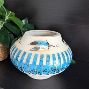 Vtg Navajo Marilyn Wiley Pottery Vase Turquoise Glaze Feathers Native American